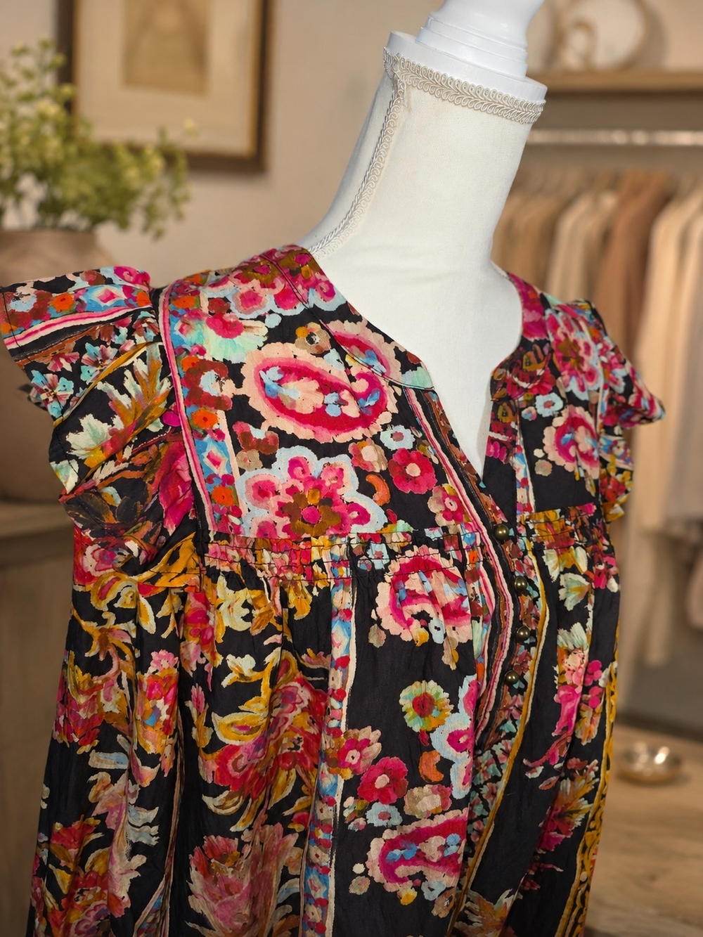 Floral Button-Front Peasant Blouse in Black and Pink - Picture 5 of 9